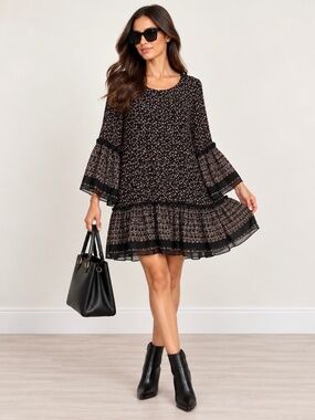 Max Studio Floral Bell Sleeve Boho Dress NWT Women’s S Black Brown